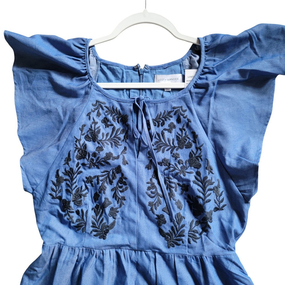 NWT Lost + Wander Riviera Midi Dress Blue Embroidered A-line Tiered Pocket Small - Picture 11 of 16